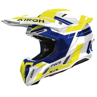 Kask motocyklowy Airoh Twist 3 w kolorach niebieskim, żółtym i białym, widok z boku.
