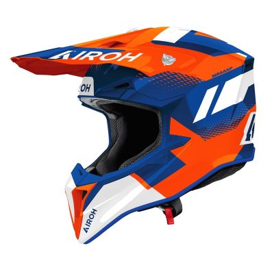 Kask motocyklowy Airoh WRAAAP Vision Orange Blue Gloss widziany z boku.